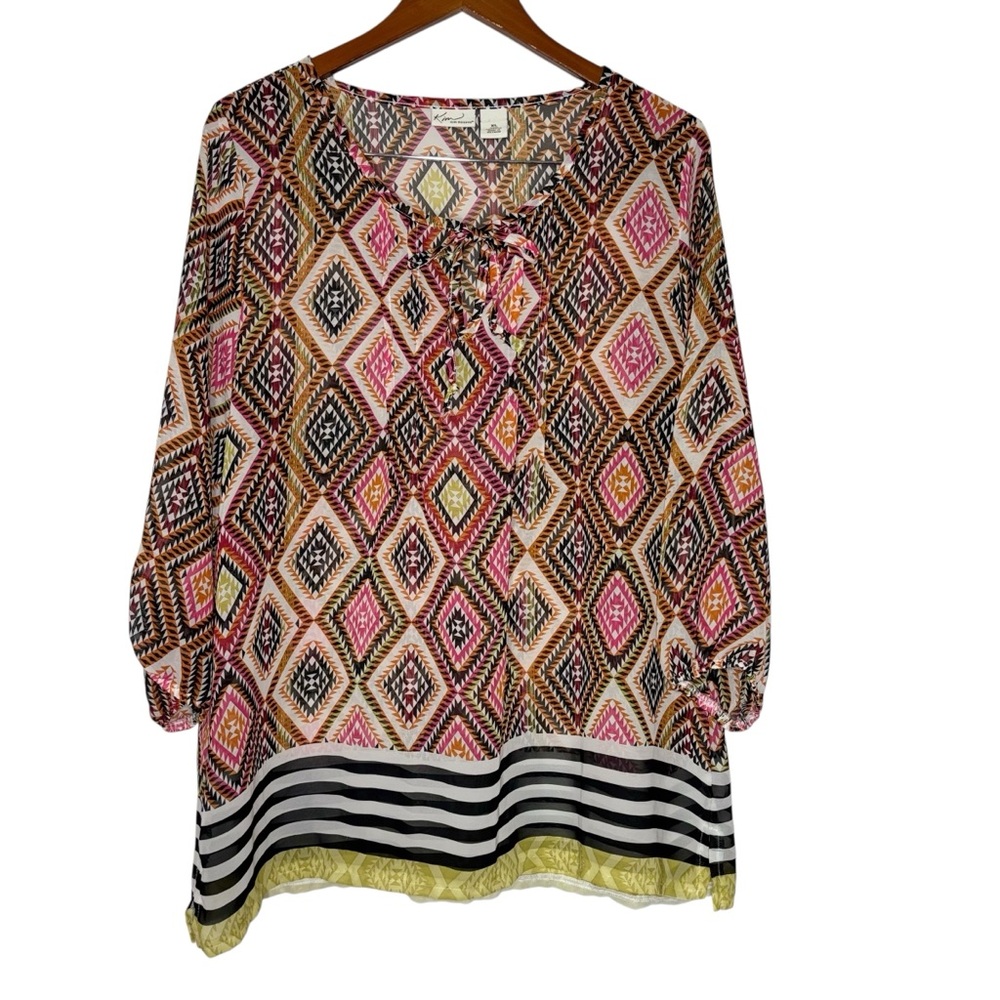 Kim Rogers Pink and Brown Elastic Sleeve Tunic Size XL‎